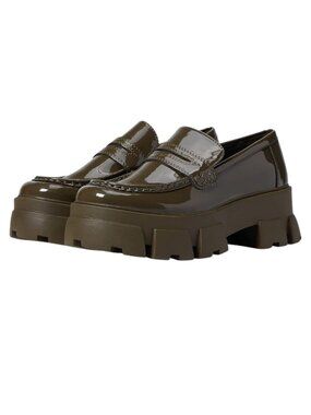 Aldo Bigstrut Bigshow Lug Sole Loafer Patent Faux Olive Green Leather Womens 7.5